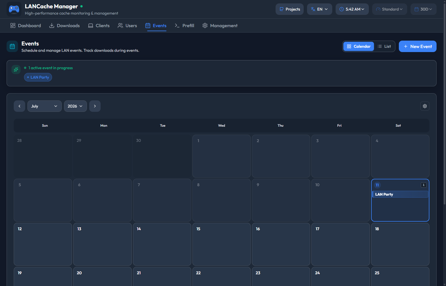 Events calendar with a LAN party event scheduled
