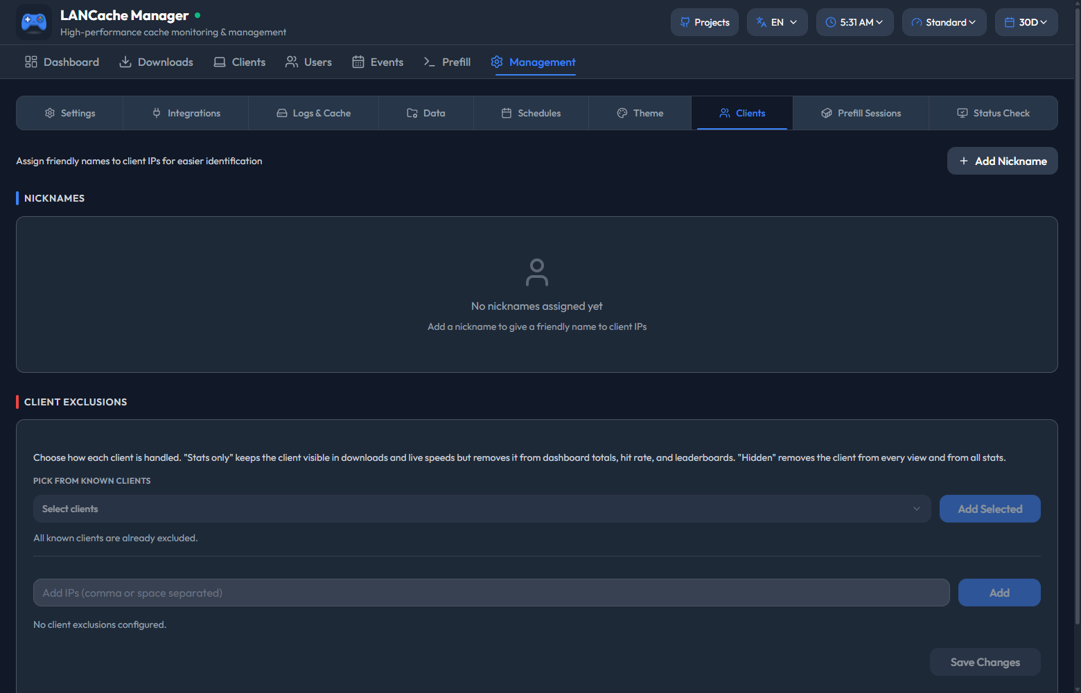 Management Clients tab for assigning nicknames and excluding devices from stats