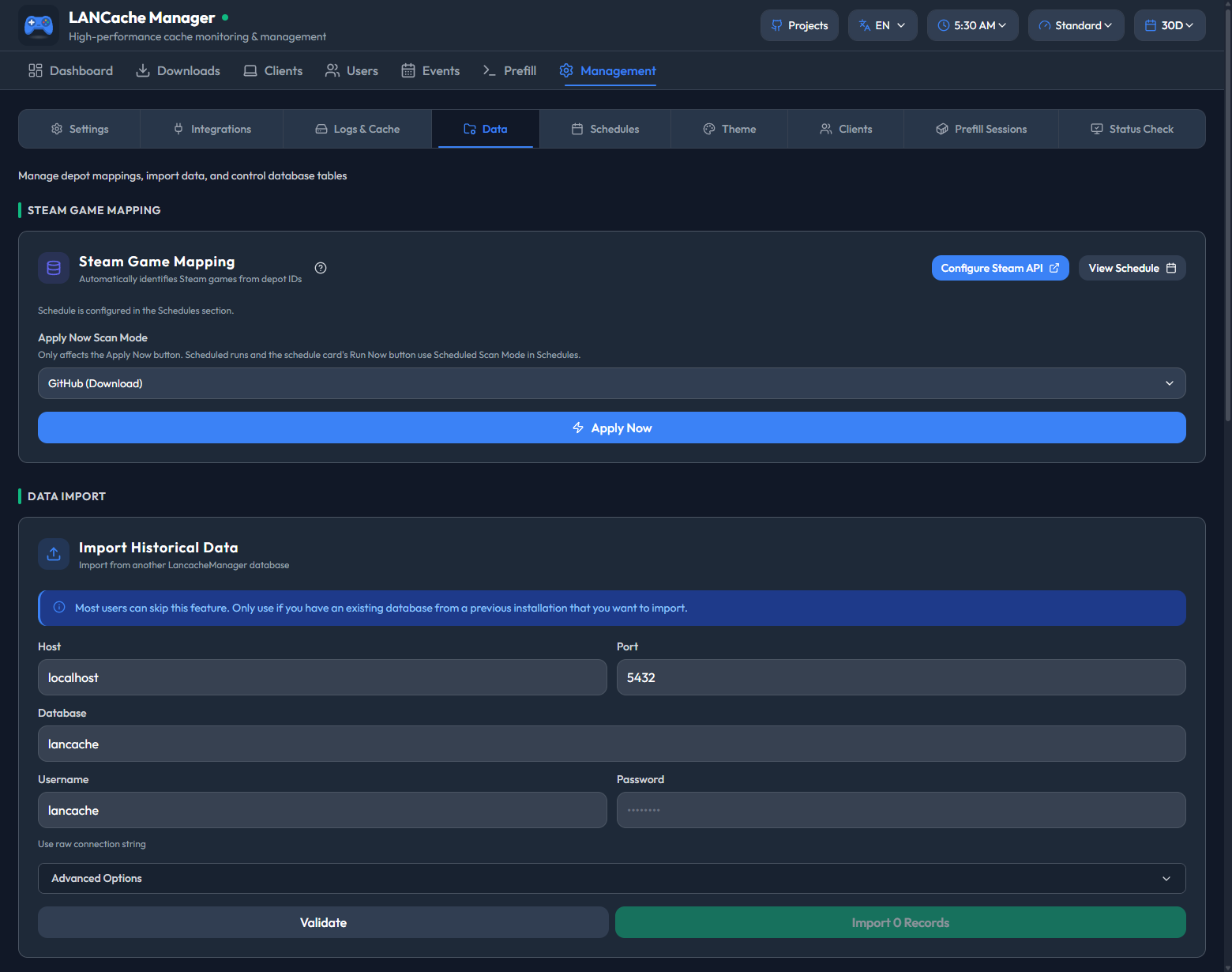 Data tab with the Steam game mapping card and the database import form
