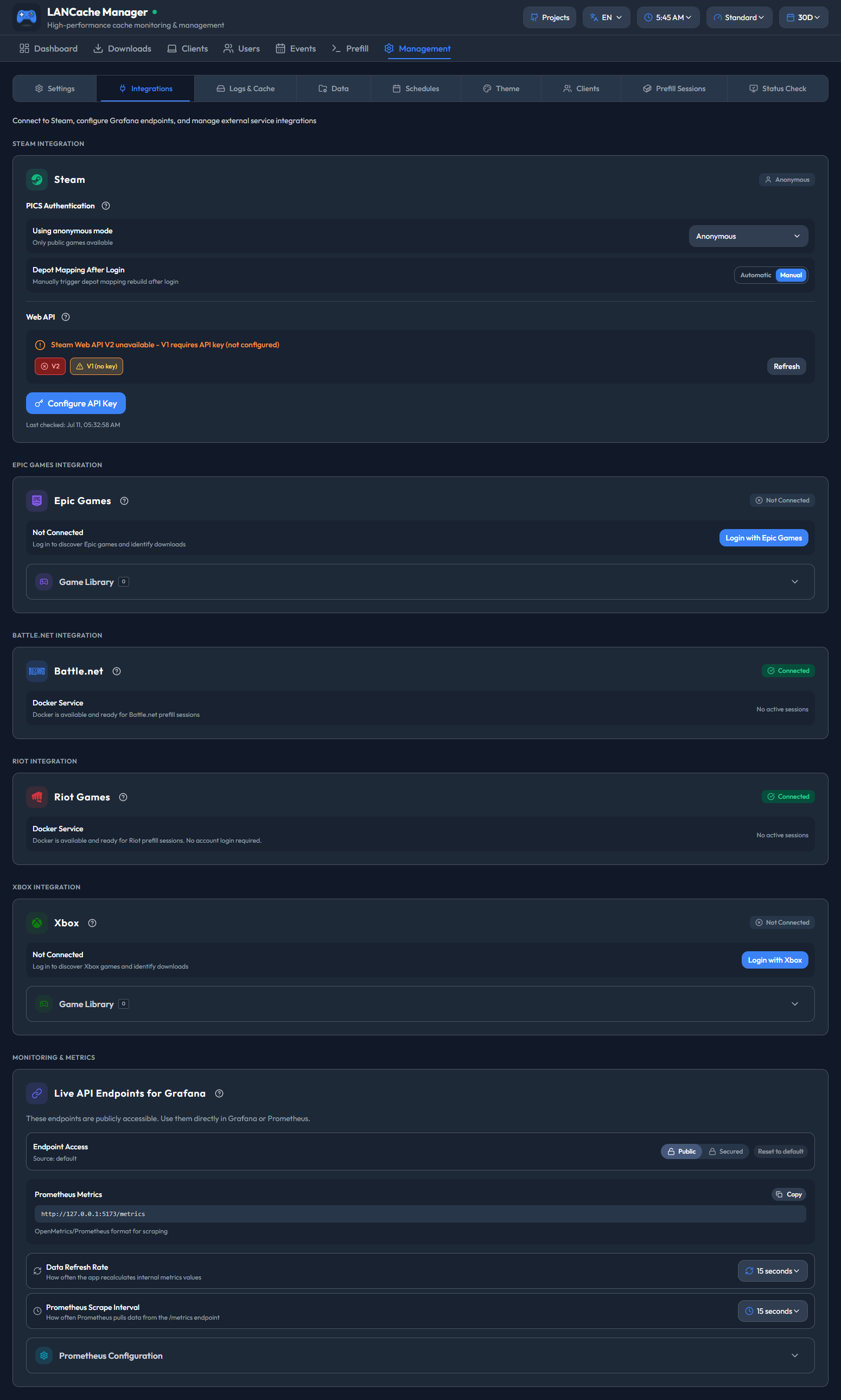 Integrations tab showing sign-in cards for all five game platforms and the Prometheus endpoint panel