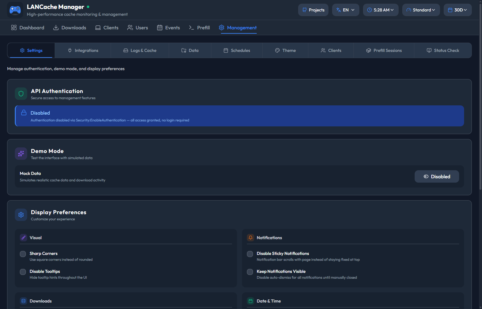 Management Settings tab with API authentication, demo mode, and display preferences
