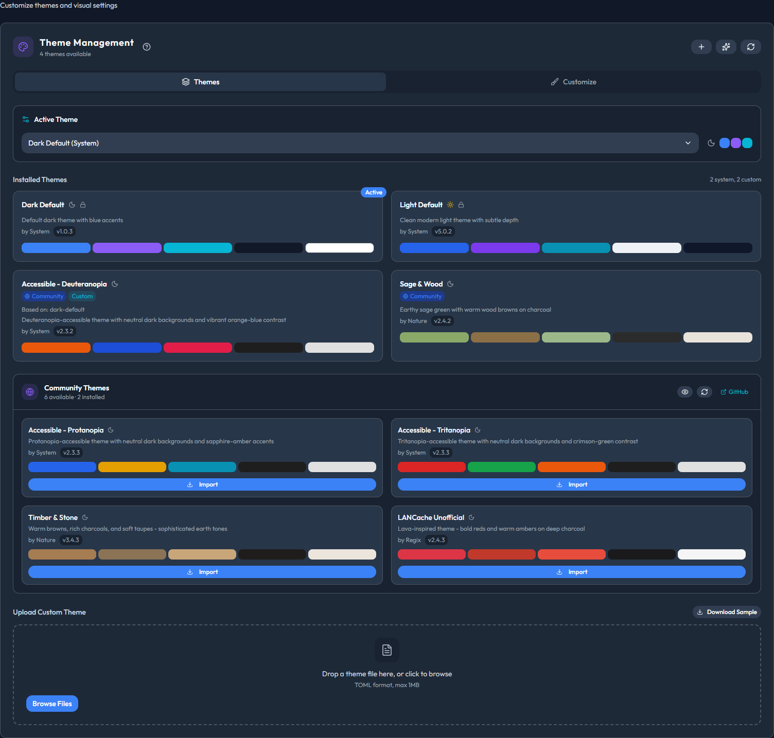 Theme gallery with installed themes, community themes, and a custom theme upload area