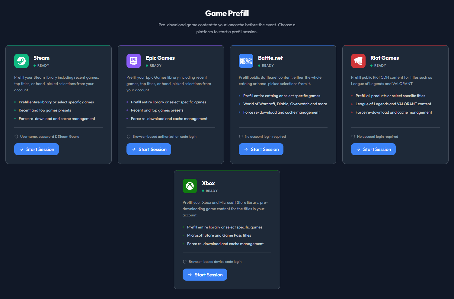 Game Prefill platform picker showing Steam, Epic Games, Battle.net, Riot Games, and Xbox