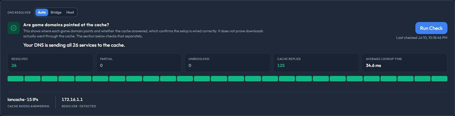 Status Check tab showing DNS resolution results and cache-domain verification