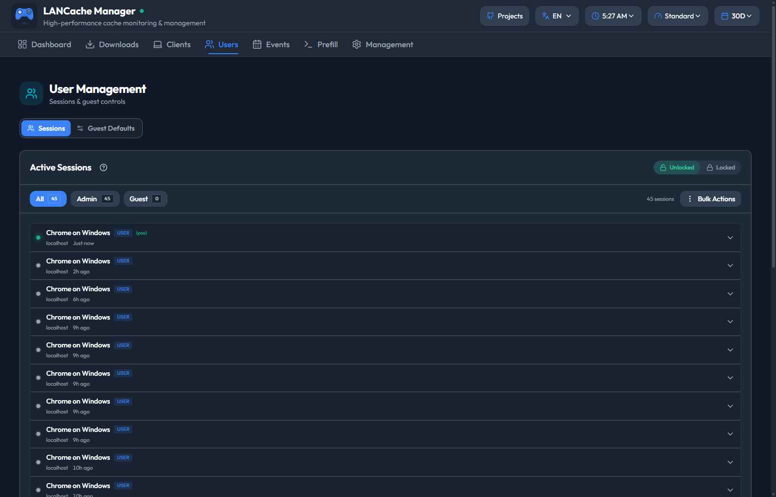 Users page showing the active session list